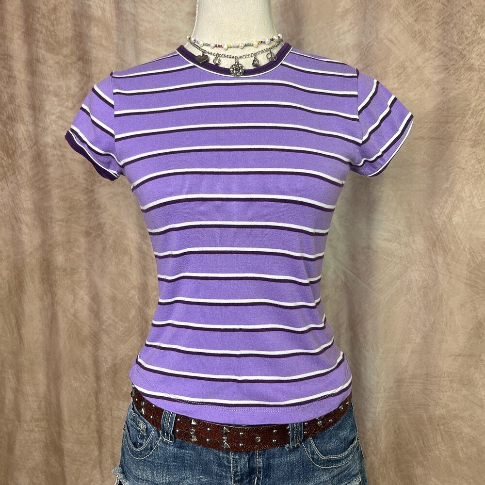 Striped Ringer Baby Tee Purple Fitted Cap Sleeve Slim Fit T-Shirt Y2K Sporty